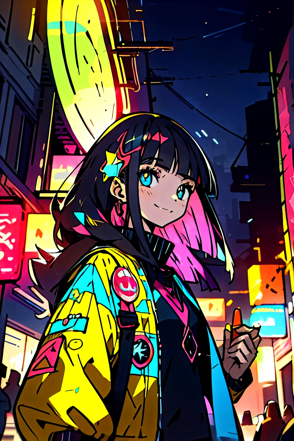 1girl, pop, neon lights, looking at another, vector illustration, jacket, smirk, blunt bangs, long hair, hair ornaments, spot light, (holding poke_ball), poke ball \(basic\),