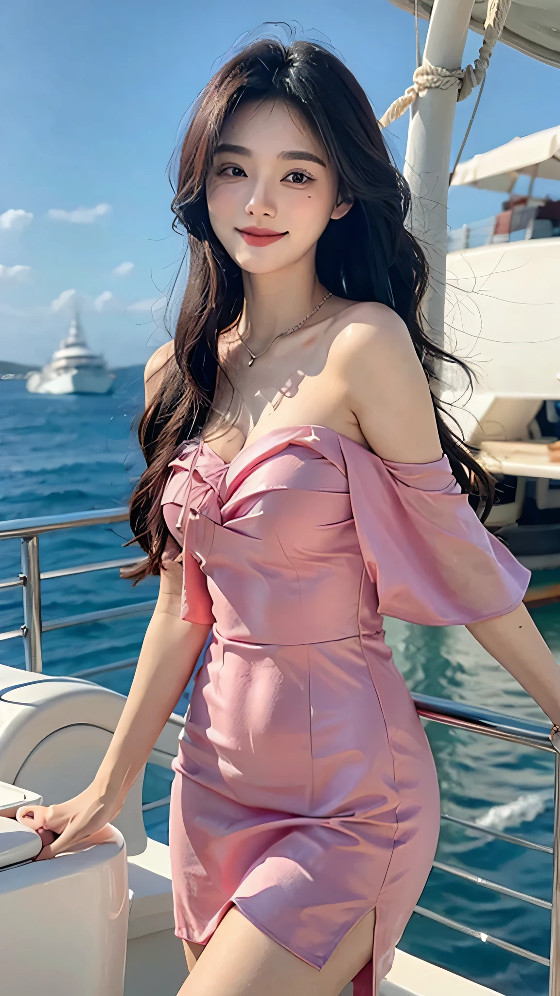 A sweet girl by the yatch，voluminous hair，Delicate face，Photorealsitic，of a real，largeaperture，wears a pink dress，A cropped dress，Off-the-shoulder，A dress around the neck，Slim，smiles，Ultra-high resolution, Blurred background