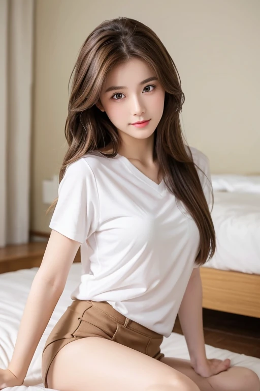 A girl prefect body brown hair and he white skin pretty eyes are long brown hair  white shot shirt and short sitting on bed 