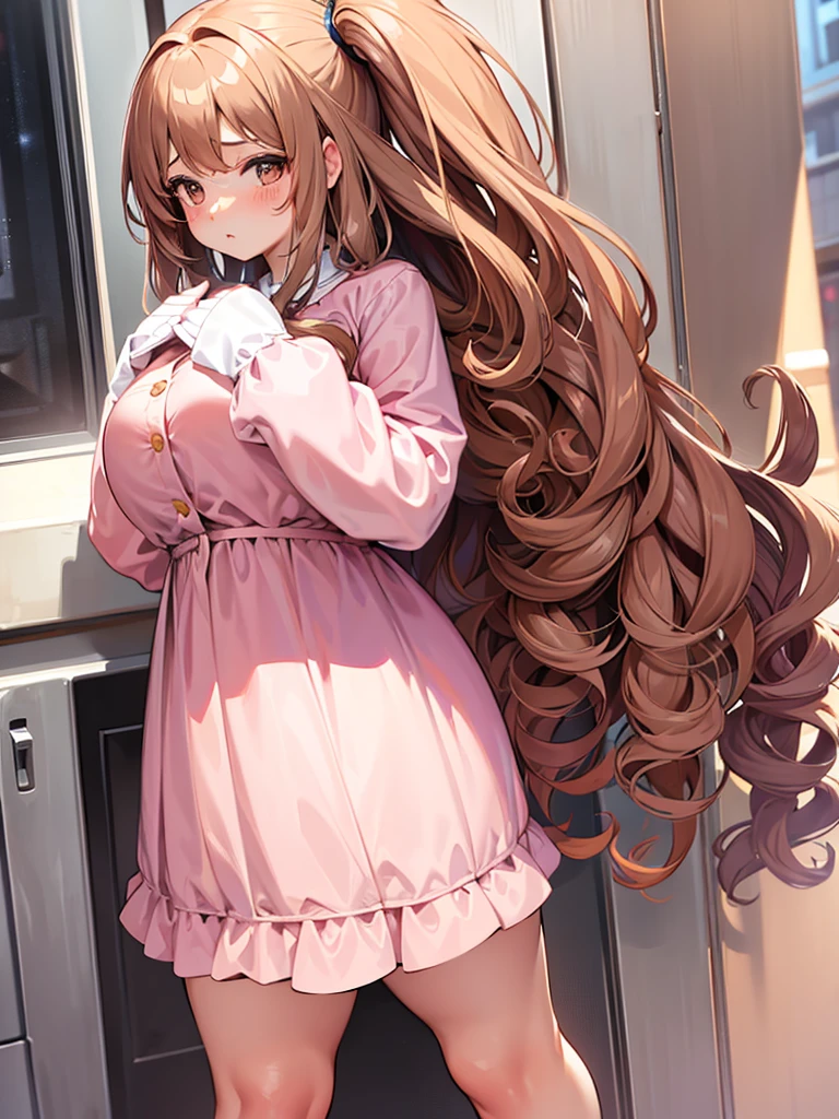 Anime girl, shy, thick, curvy, long curly brown hair with bangs, brown eyes, pastel pink outfit aesthetic 