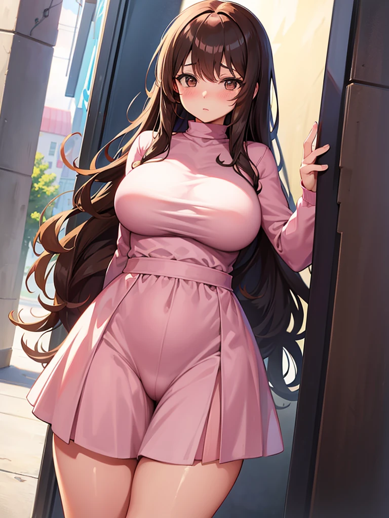 Anime girl, shy, thick, curvy, long curly brown hair with bangs, brown eyes, pastel pink outfit aesthetic