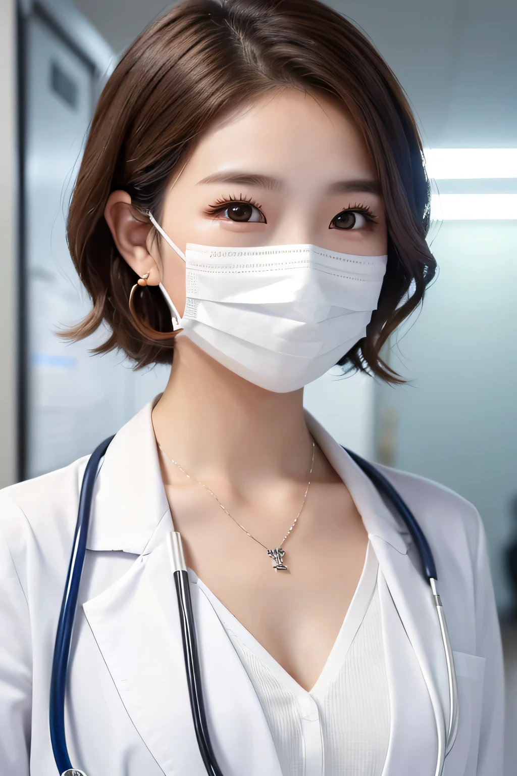 Beautiful young woman、 Korean women、Light brown hair、Necklace around the neck、White、Doctor's clothing、Stethoscope、White mask on the mouth、Wavy Hair、short hair、Intricate details, Very detailed:1.2), 、 Looking into the camera,The background is the inspection room..、ear piercing
