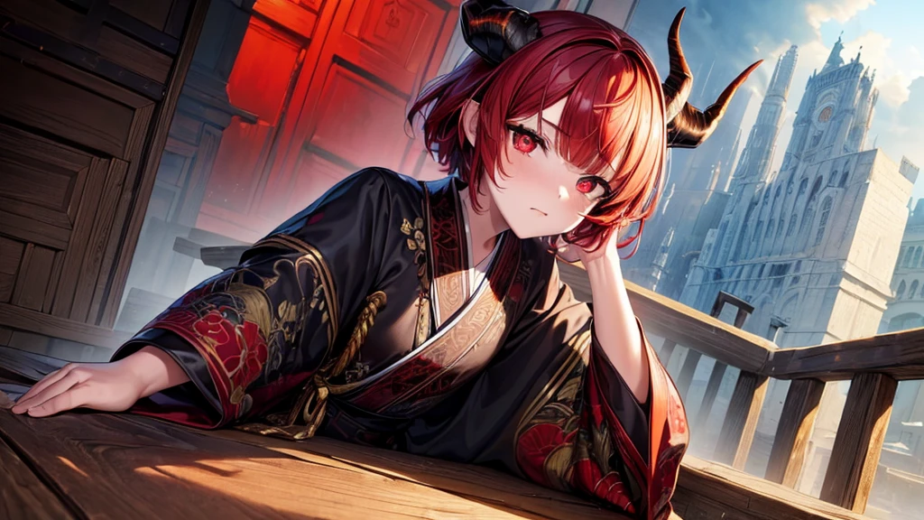 (masterpiece, top quality, best quality, official art, aesthetic:1.2), (1boy), boy, extremely detailed,(fractal art:1.2), highest detailed, wallpaper, ((predator pupils,red eyes)), short comma haircut, red hair, (black horns, horns towards the bangs), yukata outfit, (cowboy shot), in rooftop school, looking out