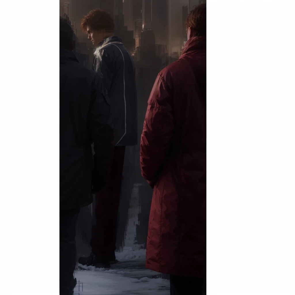 In a city in Europe, in the background of the image there is a red-haired man with his back to him, and in profile, with his back to him, is a woman with a thick winter jacket. Photorealism, full view, highly detailed image, very realistic, hyperrealism, Ultra HD, 8k, 5, sharp focus, intricate and mysterious masterpiece. (Long exposure photography Very detailed close-up portrait artistic illustration: final quality, medium shot, backlight, Rich and striking. Enigmatic and mysterious manipulations (composition of the rule of thirds), ((detailed environment with strong lines) Lo best quality, in camera, white light, warm and clean aesthetics, dazzling screen composed of millions of brilliant ultraviolet rays, HDR.