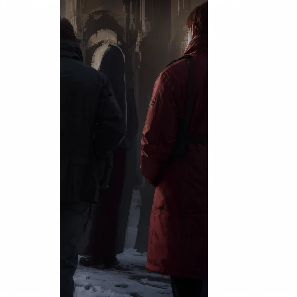In a city in Europe, in the background of the image there is a red-haired man with his back to him, and in profile, with his back to him, is a woman with a thick winter jacket. Photorealism, full view, highly detailed image, very realistic, hyperrealism, Ultra HD, 8k, 5, sharp focus, intricate and mysterious masterpiece. (Long exposure photography Very detailed close-up portrait artistic illustration: final quality, medium shot, backlight, Rich and striking. Enigmatic and mysterious manipulations (composition of the rule of thirds), ((detailed environment with strong lines) Lo best quality, in camera, white light, warm and clean aesthetics, dazzling screen composed of millions of brilliant ultraviolet rays, HDR.