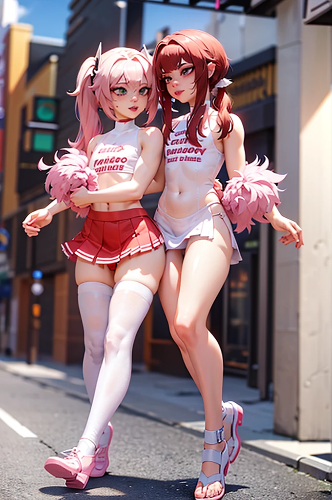 Cinematic 3d render of a whimsical femboy, adorned with vibrant pixie-red locks in medium pigtails, pale porcelain skin, and striking green eyes fringed with delicate freckles. Pouty lips curve into a subtle smile as they don a playful pink and white cheerleader outfit with a short skirt. A hint of a little bulge peeks out from beneath the skirt, adding to the allure. The subject poses demurely on the school quad, surrounded by the sunlit outdoor ambiance.