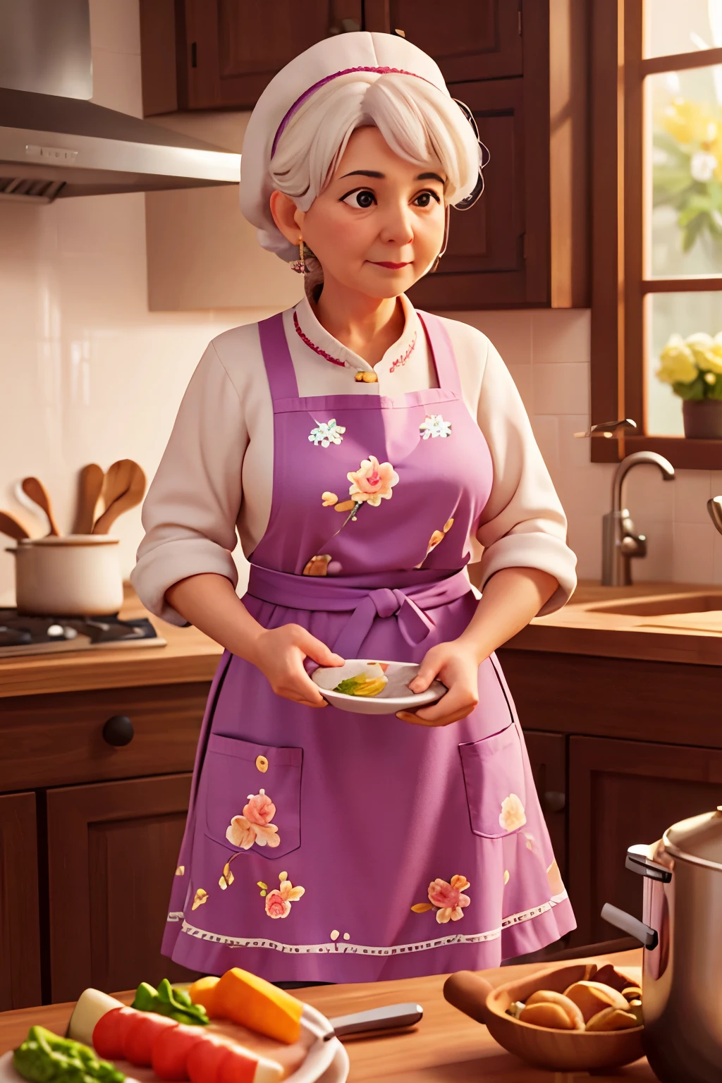 A beautiful detailed grandmother chef in a cozy kitchen, wearing a floral apron, preparing a delicious meal, warm lighting, photorealistic, cinematic, highly detailed, vibrant colors, masterpiece