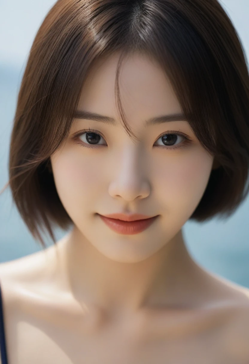 8K, Ultra-high resolution, Highest quality, masterpiece, 三分割法によるphotograph,Surreal, photograph, 1 girl, (:1.3), pretty girl, Cute face, Beautiful eyes in every detail, 細かくdetailedに,masterpiece,, One Girl:1.2, Japan Female Announcer,whole body,Young Wife,(Competitive swimming suits),Full of cleanliness,A carefree smile,Healing the heart,short hair,Looking at the audience、beauty,Long neck、Laugh a little、Please close your mouth and laugh、(((Ideal body type))),A-cup small breasts :2,、Portraiture:2、Perfect Anatomy、鮮明なdetailed、detailed、Surreal、Light and shadow,Strong light