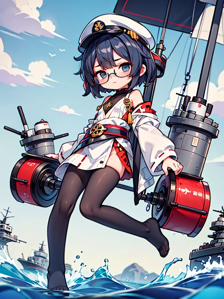 ((((Full body of a woman with perfect flat chest、solo、Short unkempt black hair、white military jacket、Miko costume、tights、Black glasses、White military cap、Cloudy eyes、Sleepy expression)))), (((masterpiece))), (((Shipgirl))), ((Floating on the morning sea with both feet)), (Spread your legs wide open), (Hold the turret with your right hand), (Mechanical arms extending from the waist are used to equip the ship with battleship equipment.), (Equipped with a turret on the back), (Holds the turret with his left arm), Shotgun shells are attached to the thigh with a belt, Spreading the Machine&#39;s Wings, Machine tail,  shotgun, 