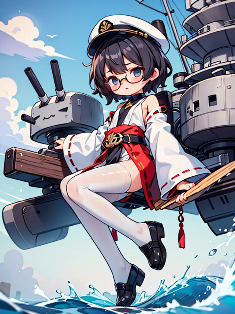 ((((Full body of a woman with perfect flat chest、solo、Short unkempt black hair、white military jacket、Miko costume、tights、Black glasses、White military cap、Cloudy eyes、Sleepy expression)))), (((masterpiece))), (((Shipgirl))), ((Floating on the morning sea with both feet)), (Spread your legs wide open), (Hold the turret with your right hand), (Mechanical arms extending from the waist are used to equip the ship with battleship equipment.), (Equipped with a turret on the back), (Holds the turret with his left arm), Shotgun shells are attached to the thigh with a belt, Spreading the Machine's Wings, Machine tail, shotgun,