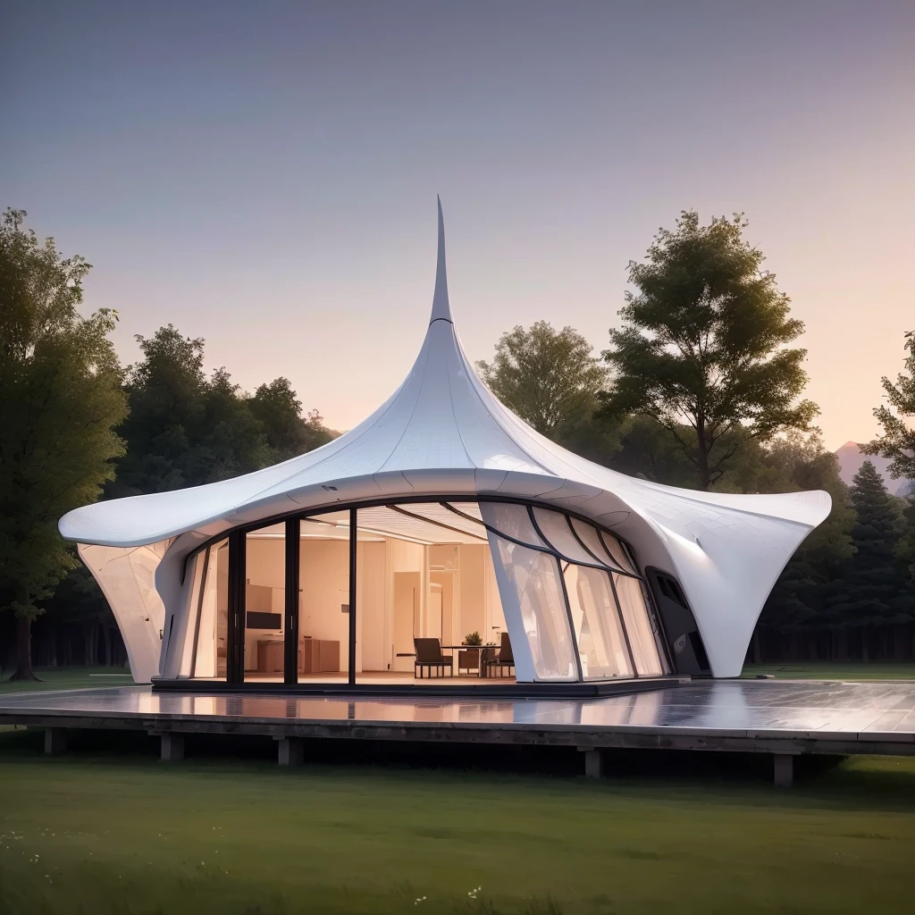 A large white tent sits on a lush green field, tent architecture, Futuristic Church, Stylish Utopian Design, Concept House, Zaha Hadid Octane Highlights Rendering, Futuristic House, Moonlight Rendering, Architectural Visualization, Rendering with V-Ray, in style of zaha hadid architect, Futuristic architecture concept, Stunning rendering, Rendering in VRay, Architectural Rendering, Architectural Renderinging,Smooth surface,Meridian Line Fade,