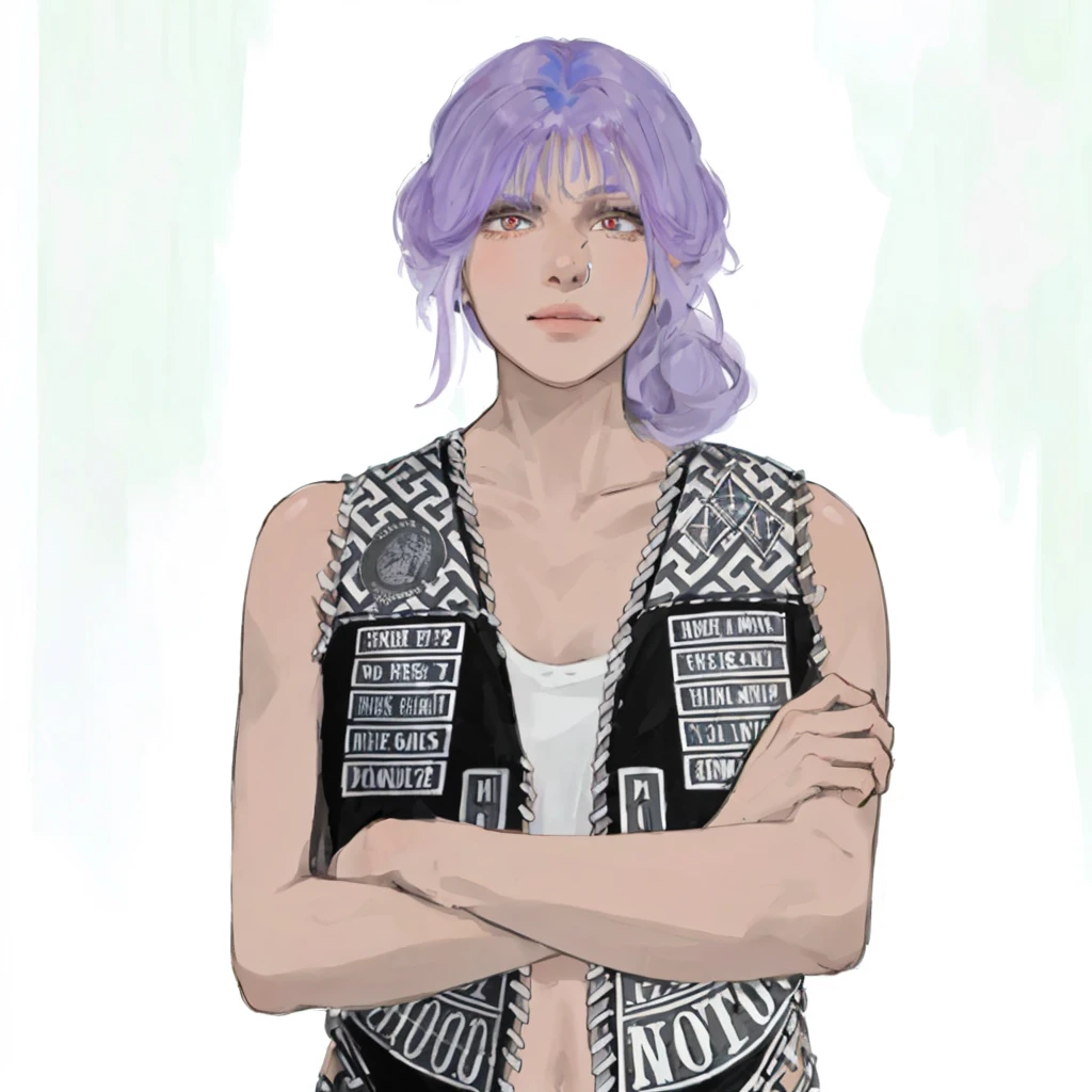 (masterpiece:1.2, best quality), (1girl, solo, upper body:1.2),flat face,Hair: buzz cut, Clothing: oversized, distressed denim jacket with patches and pins, paired with black skinny jeans and combat boots, Hanging out in an underground music venue or street art exhibit
