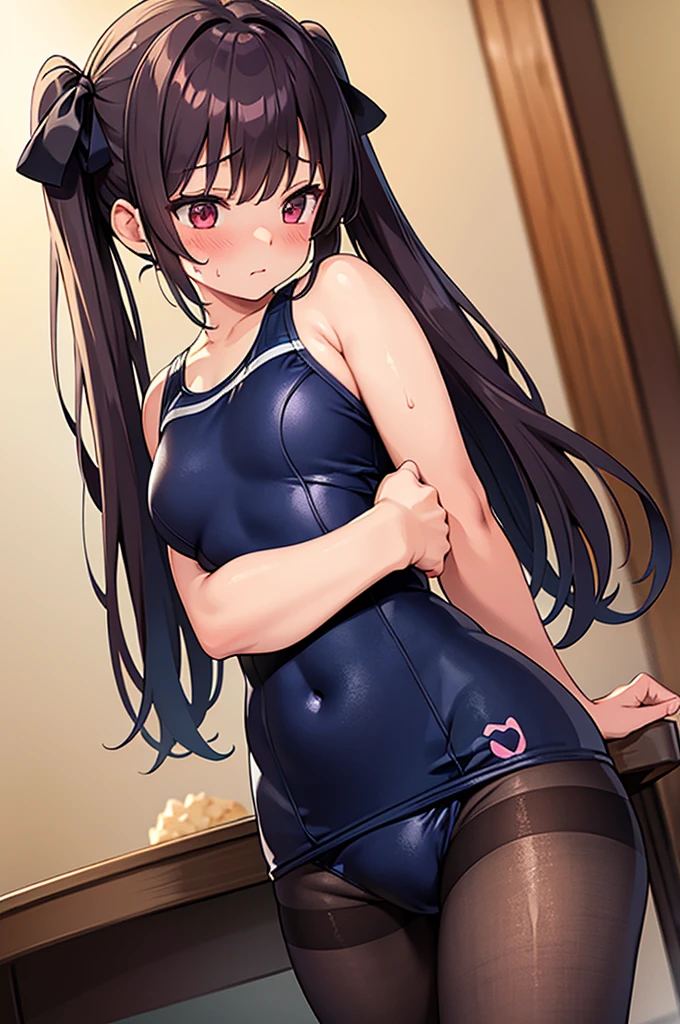 masterpiece, best quality, ultra detailed,,1girl, blush, sweat, hair ribbon, twin tails, ((school swimsuit)), pantyhose,