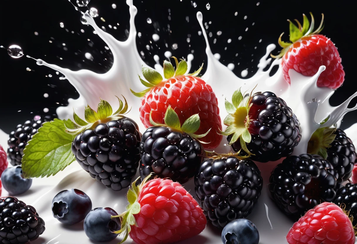 Commercial Photography, Powerful white breasts, A giant blackberry at the center of the explosion、raspberry、strawberry、blueberry、cherry, White lighting, Studio Lighting, 8k Octane Rendering, high resolution photography, Fine details, Extremely detailed, On an isolated black plain, Image, Professional color correction