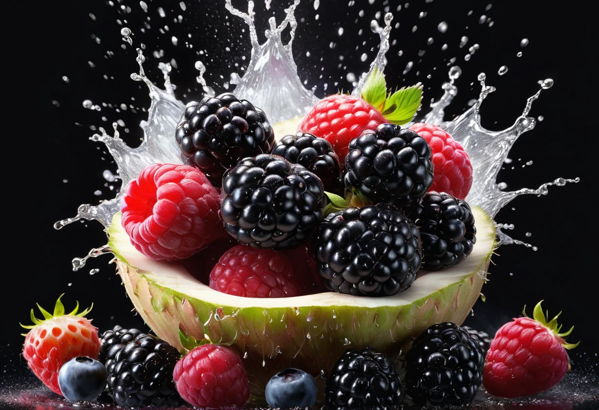 Commercial Photography, Powerful white breasts, A giant blackberry at the center of the explosion、raspberry、strawberry、blueberry、cherry, White lighting, Studio Lighting, 8k Octane Rendering, high resolution photography, Fine details, Extremely detailed, On an isolated black plain, Image, Professional color correction