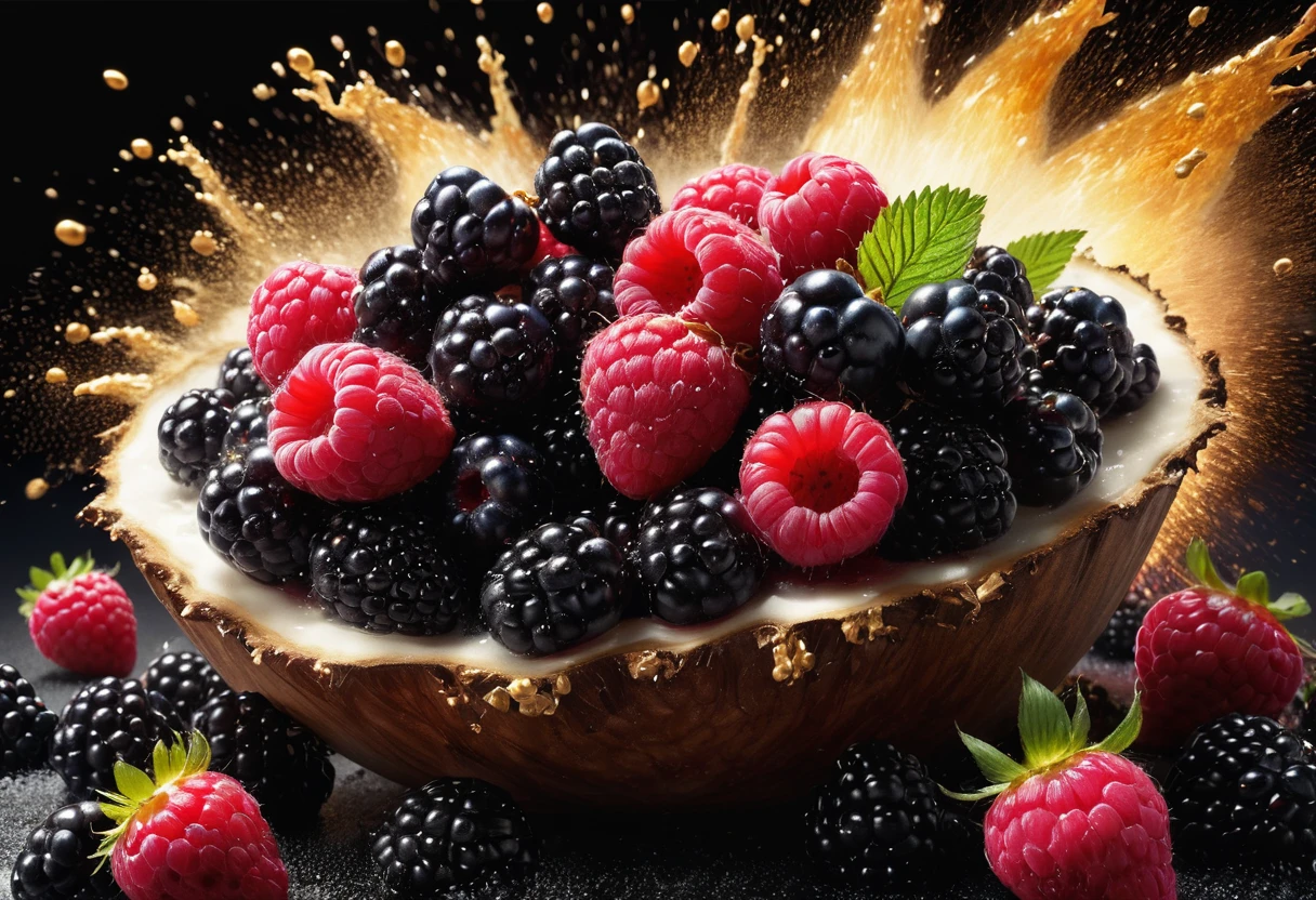 Commercial Photography, Powerful white breasts, A giant blackberry at the center of the explosion、raspberry、strawberry、blueberry、cherry, White lighting, Studio Lighting, 8k Octane Rendering, high resolution photography, Fine details, Extremely detailed, On an isolated black plain, Image, Professional color correction
