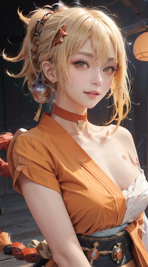 (((blonde hair, bangs, hair ornament, ponytail, yellow eyes, arm tattoo, chest tattoo, Orange Eyes, sarashi, hair between eyes,(((lagaspring,Collar,,Japanese clothes,orange kimono,Orange Japanese clotheandaged, Red Collar, clavicle,))),(((Wide hips))),S-shaped body:1.7))),((tmasterpiece)),A high resolution, ((Best quality at best)),tmasterpiece,quality,Best quality,((( exquisite facial features,looking at viewert,There is light in the eyes,Smilingly,self-assured ))),(((Light and shadow interlace,medium)))