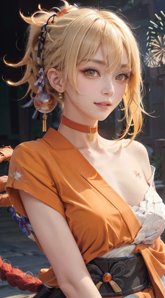 (((blonde hair, bangs, hair ornament, ponytail, yellow eyes, arm tattoo, chest tattoo, Orange Eyes, sarashi, hair between eyes,(((lagaspring,Collar,,Japanese clothes,orange kimono,Orange Japanese clotheandaged, Red Collar, clavicle,))),(((Wide hips))),S-shaped body:1.7))),((tmasterpiece)),A high resolution, ((Best quality at best)),tmasterpiece,quality,Best quality,((( exquisite facial features,looking at viewert,There is light in the eyes,Smilingly,self-assured ))),(((Light and shadow interlace,medium)))