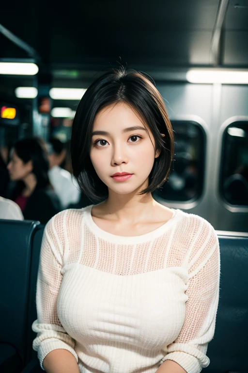 Realistic photo of 1 gorgeous Asian wife, short hair, White skin, thin makeup, ample round bosom, wearing white knit shirt, on the train, upper body portrait, cinematic lighting, UHD, night bokeh background