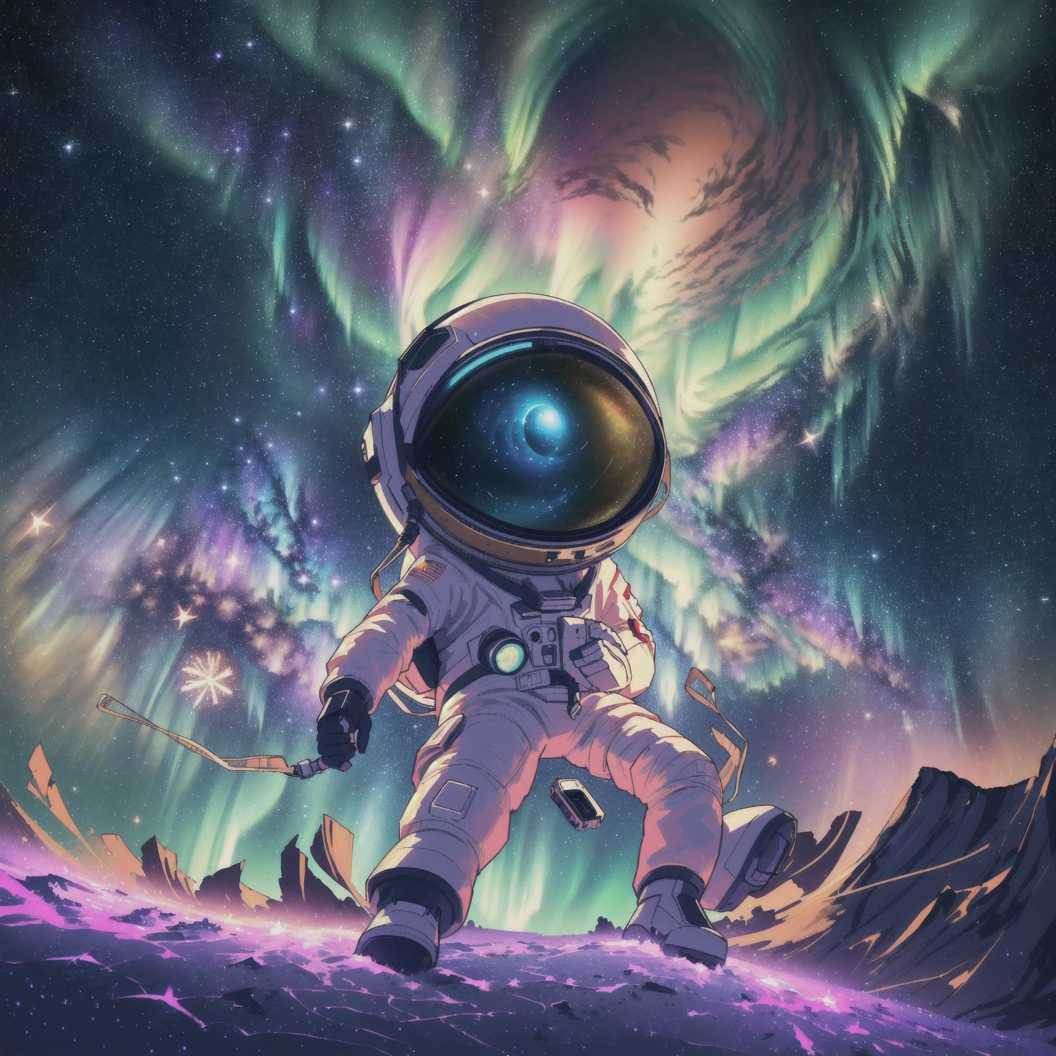 "This is a stunning 8k original image masterpiece，It depicts a Q-version astronaut surrounded by a stunning starry sky., Vibrant aerial fireworks,Astronauts dancing on the moon while listening to MP3， and the spectacle of the aurora dancing in the Milky Way. This official artwork captures the beauty, Aesthetic, And use the fisheye lens effect to create festive animations. This is really a top-notch、The best quality depiction of the star&#39;s dream world."