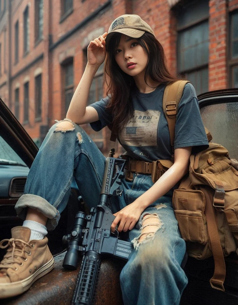 8K,Realistic Photo、Realistic Skin Texture、Superrealism、Japanese woman living in America、Operation、In a mid-sized American city、Old brick building、mortar、Loose Fit T-Shirt、Denim pants、Dirty sneakers、Hunting rifles、Dirty alley、Baseball Cap、Crouched in the bed of an old pickup、Natural pose、Innovative composition