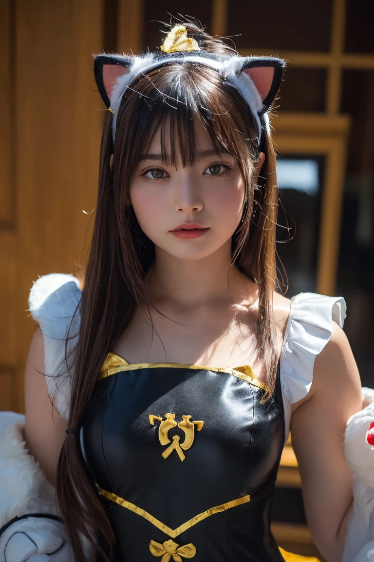 (Highest quality:1.4),(masterpiece:1.4),(Realistic:1.4),(Realistic:1.2),(超High resolution, RAW Photos:1.4),(High resolution, Super detailed:1.2),(8K:1.2),Movie Photos,a photo of a dark-haired,One Girl,alone,wear ,((China dress))、((Upper Body:1.3)), ((Cat Costume:1.3)),