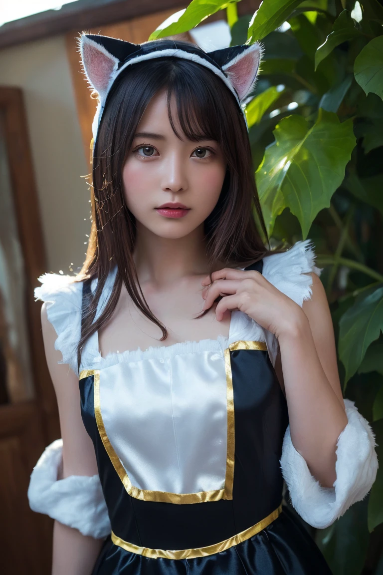 (Highest quality:1.4),(masterpiece:1.4),(Realistic:1.4),(Realistic:1.2),(超High resolution, RAW Photos:1.4),(High resolution, Super detailed:1.2),(8K:1.2),Movie Photos,a photo of a dark-haired,One Girl,alone,wear ,((China dress))、((Upper Body:1.3)), ((Cat Costume:1.3)),