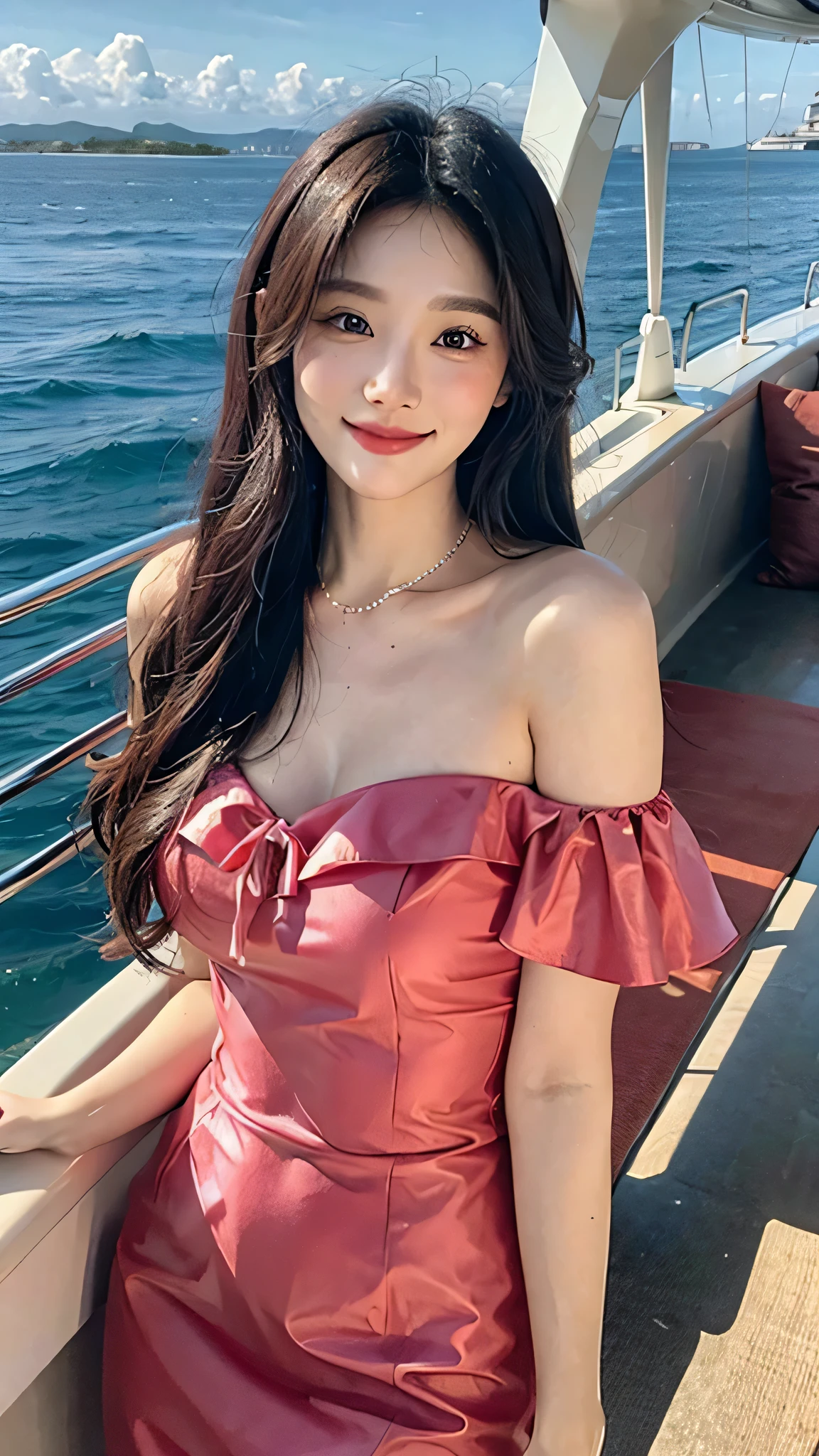 A sweet girl by the yatch，voluminous hair，Delicate face，Photorealsitic，of a real，largeaperture，wears a pink dress，A cropped dress，Off-the-shoulder，A dress around the neck，Slim，smiles，Ultra-high resolution, Blurred background