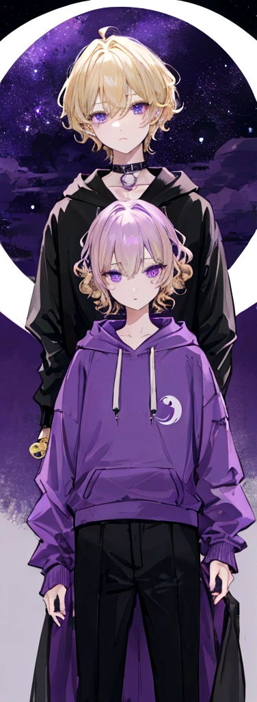 Highest quality、masterpiece、male、short hair、Purple hoodie、Black trousers、Curly blonde、Green right eye and grey left eye、Under the full moon、Purple night sky