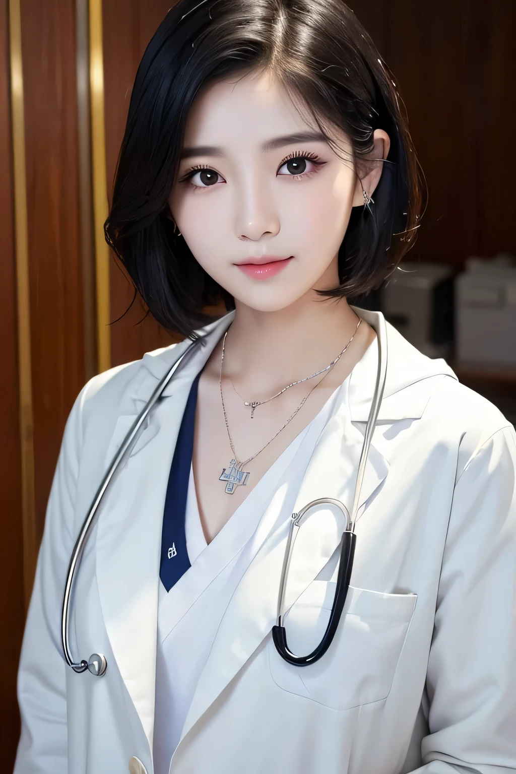 Beautiful young woman、 Korean women、Black Hair、Necklace around the neck、White、Doctor's clothing、Stethoscope、White mask on the mouth、Wavy Hair、short hair、Intricate details, Very detailed:1.2), 、 Looking into the camera,The background is the inspection room..、ear piercing
