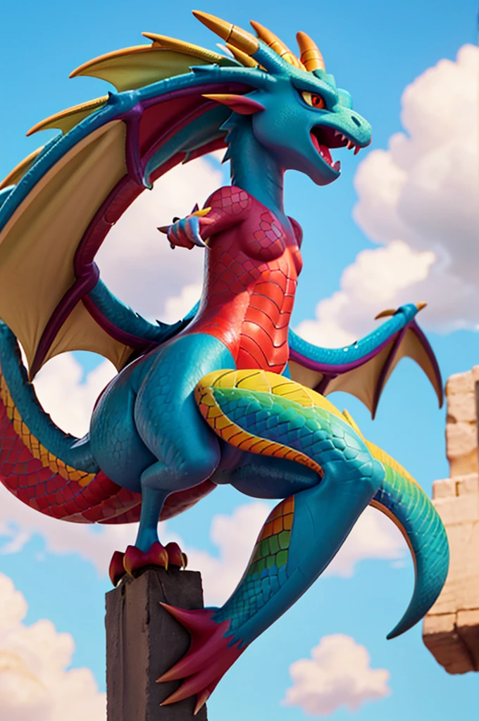 a magnificent dragon with rainbow-colored scales,