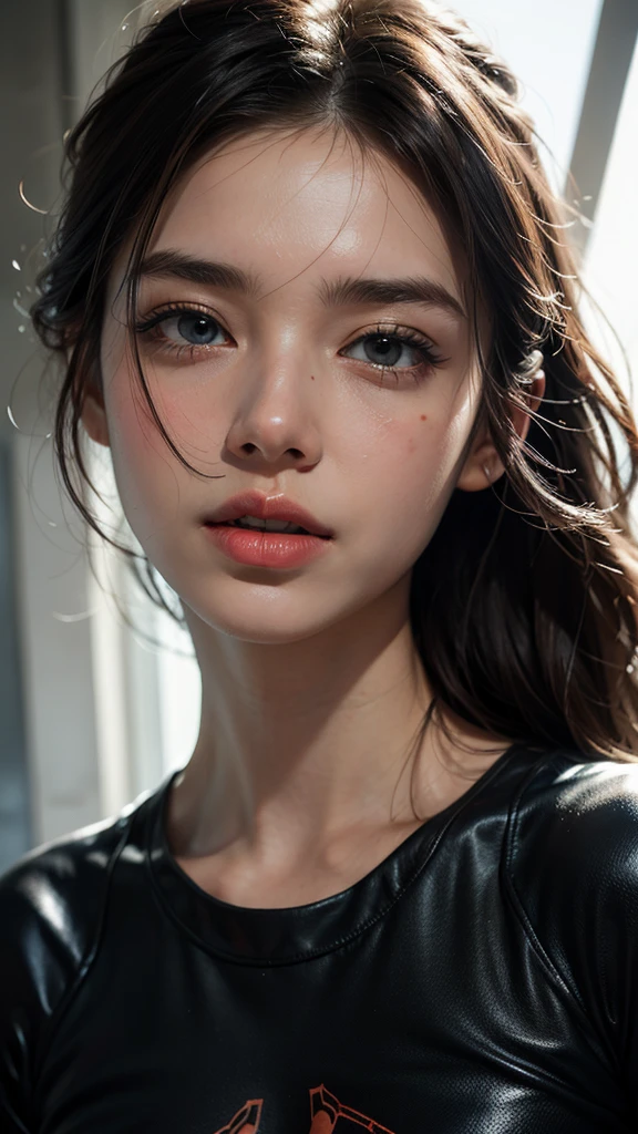 (1 girl:1.3), Alone, (((Very detailed face)))), ((Very detailed eyes and face.)))), beautifuls detalles ojos, body parts__, Official Art, unified 8k wallpaper, super detailed, beautiful and beautiful, beautiful, Masterpiece, Best Quality, Original, Masterpiece, super fine photo, Best Quality, super high resolution, realistic realism, sunlight, Full length portrait, extraordinary beauty, dynamic pose, delicate face, vibrant eyes, (FROM THE FRONT), He wears a Spider-Man suit., red and black color scheme, spider, fondo muy detallado del Ceiling de la ciudad, Ceiling, with city views, detailed face, detailed complex busy background, disordered, gorgeous, milky white, very detailed skin, realistic skin details, visible pores, clear focus, volumetric fog, 8k hd, DSLR, high quality, film grain, White skin, photographic realism, lomography, Futuristic dystopian megalopolis, translucent