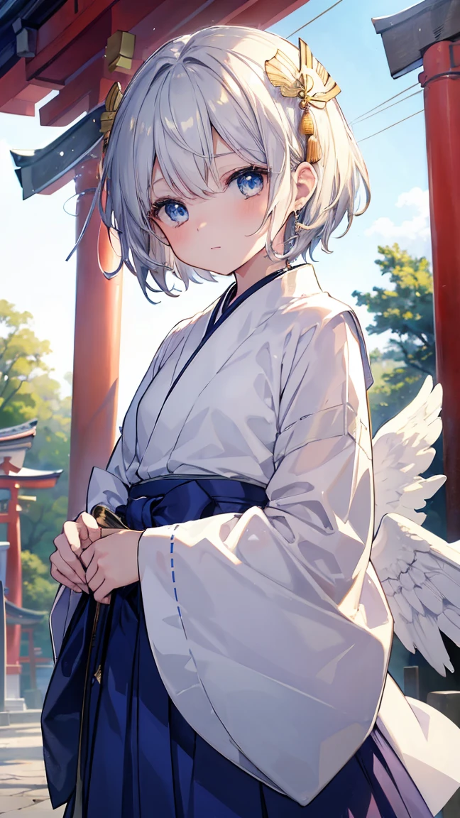 short hair、gold and silver hair、Twinkling eyes、blue eyes、Three pairs of angel wings、Embarrassing、shine、reflected light、Film Grain、masterpiece、Textured skin、Super Detail、High Detail、high quality、最high quality、High resolution,shrine,blue sky,torii,Hakama,Shrine maiden