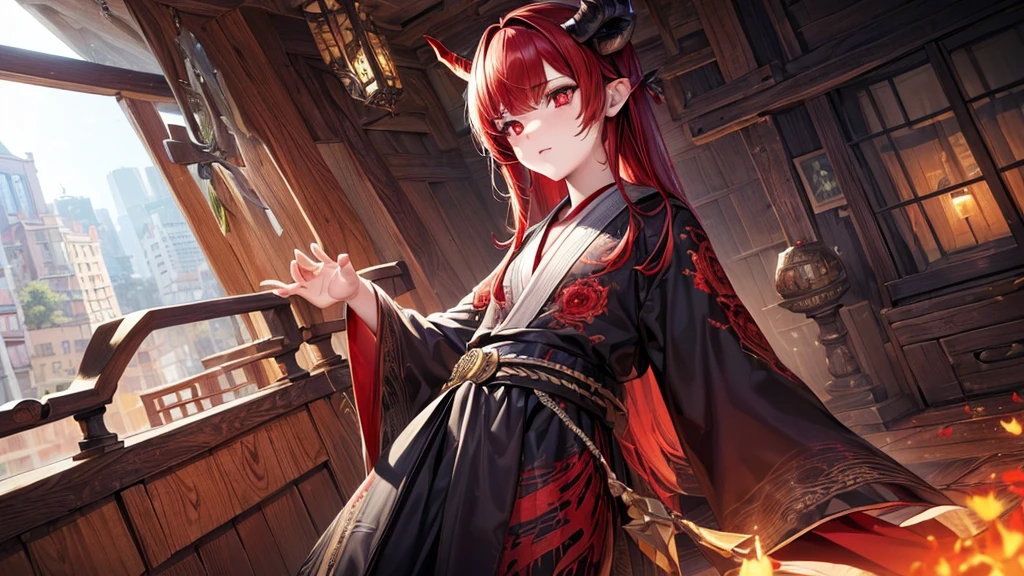 (masterpiece, top quality, best quality, official art, aesthetic:1.2), (1boy), boy, extremely detailed,(fractal art:1.2), highest detailed, wallpaper, ((predator pupils,red eyes)), red hair, (black horns, horns towards the bangs), yukata outfit, (cowboy shot), in rooftop school, looking out