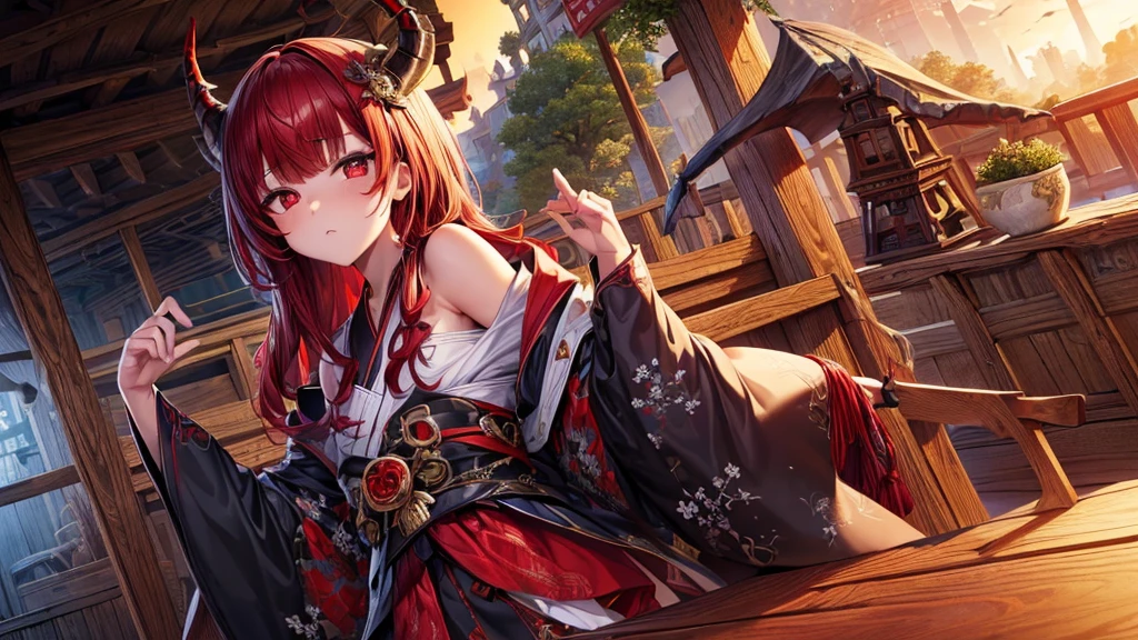 (masterpiece, top quality, best quality, official art, aesthetic:1.2), (1boy), boy, extremely detailed,(fractal art:1.2), highest detailed, wallpaper, ((predator pupils,red eyes)), red hair, (black horns, horns towards the bangs), yukata outfit, (cowboy shot), in rooftop school, looking out