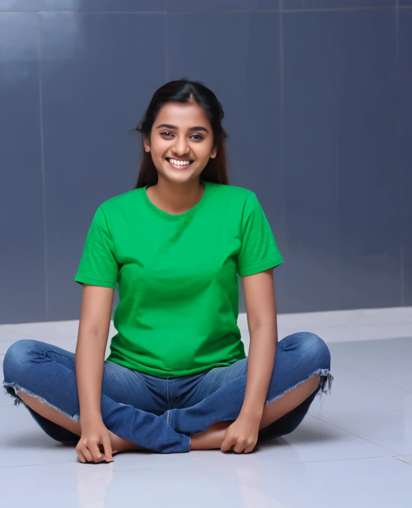 Indian cute girl urinate wearing green t-shirts seating in floor and smiling