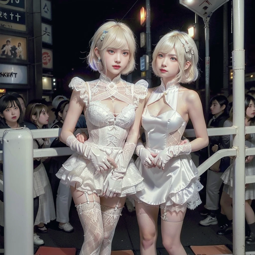 masterpiece, top-quality, top-quality, Beautifully Aesthetic:1.2, ((3 girls)), grinning, kissing each other,
((Wearing satin high neck Chinese dress, long gloves, miniskirt, many frills, lace):1,4), high detailed,
(standing in a two lines:1.6), large breasts, firm breast, nicely shaped breasts, slender figure,
(((Bleached Hair))), ((mesh hair)), (short hair:1.2),
((At the middle of very crowded Shibuya Scramble Crossing at late night:1.2)), (Looking at viewer)
