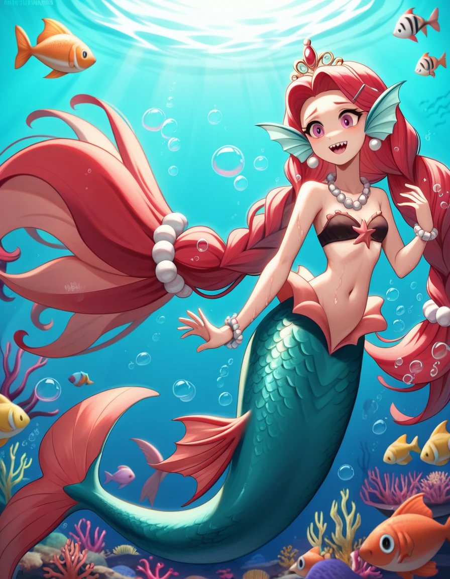 (best quality,4k,8k,highres,masterpiece:1.2),ultra-detailed, Pretty princess magically transformed into a beautiful mermaid, race swap, fantastic transformation, none human, steampunk, fish like, wet body, surrounded by small bubbles, long mermaid tail below waistline, fins ears, shimmering red fish scales, drawn in anime style, very long pigtails red hair, sharp teeth, is smiling, pink eyes, small breast, long pelvic and dorsal fins, pair of fish gills on the torso, seashells bra, starfish hair clips, pearl earrings and bracelets, pearl necklace, hair ribbons, gold tiara, ocean depths, swimming underwater, joyful expression, playful mermaid poses, sparkling water, water reflections, ethereal atmosphere, subtle glow, whimsical and enchanting, checking her new body, underwater world, colorful coral reef, magical underwater lighting, vivid colors, breathing underwater, endless ocean depths, sunlight filtering through the water, Highly detailed, masterpiece, high quality, 4K.