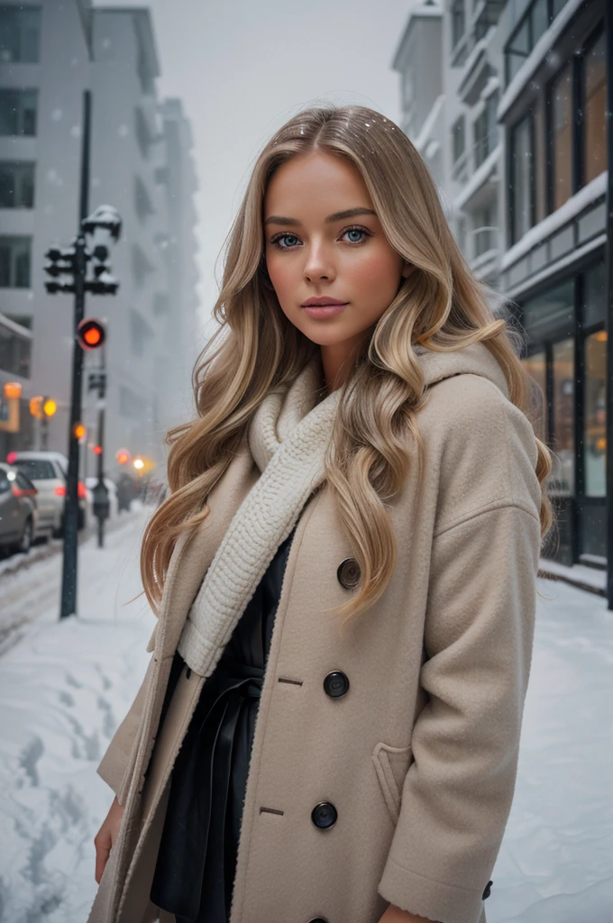 professional portrait photograph of a gorgeous Norwegian girl in winter clothing with long wavy blonde hair, sultry flirty look, gorgeous symmetrical face, cute natural makeup, wearing elegant warm winter fashion clothing, ((standing outside in snowy city street)), stunning modern urban environment, ultra realistic, concept art, elegant, highly detailed, intricate, sharp focus, depth of field, f/1. 8, 85mm, medium shot, mid shot, (((professionally color graded))), bright soft diffused light, (volumetric fog), trending on instagram, hdr 4k, 8k