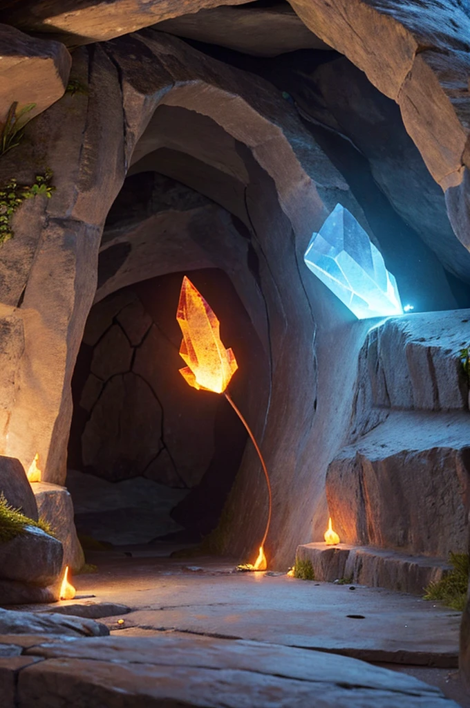 The walls of the cave were illuminated by fire crystals, which gave off a warm, pulsating light
