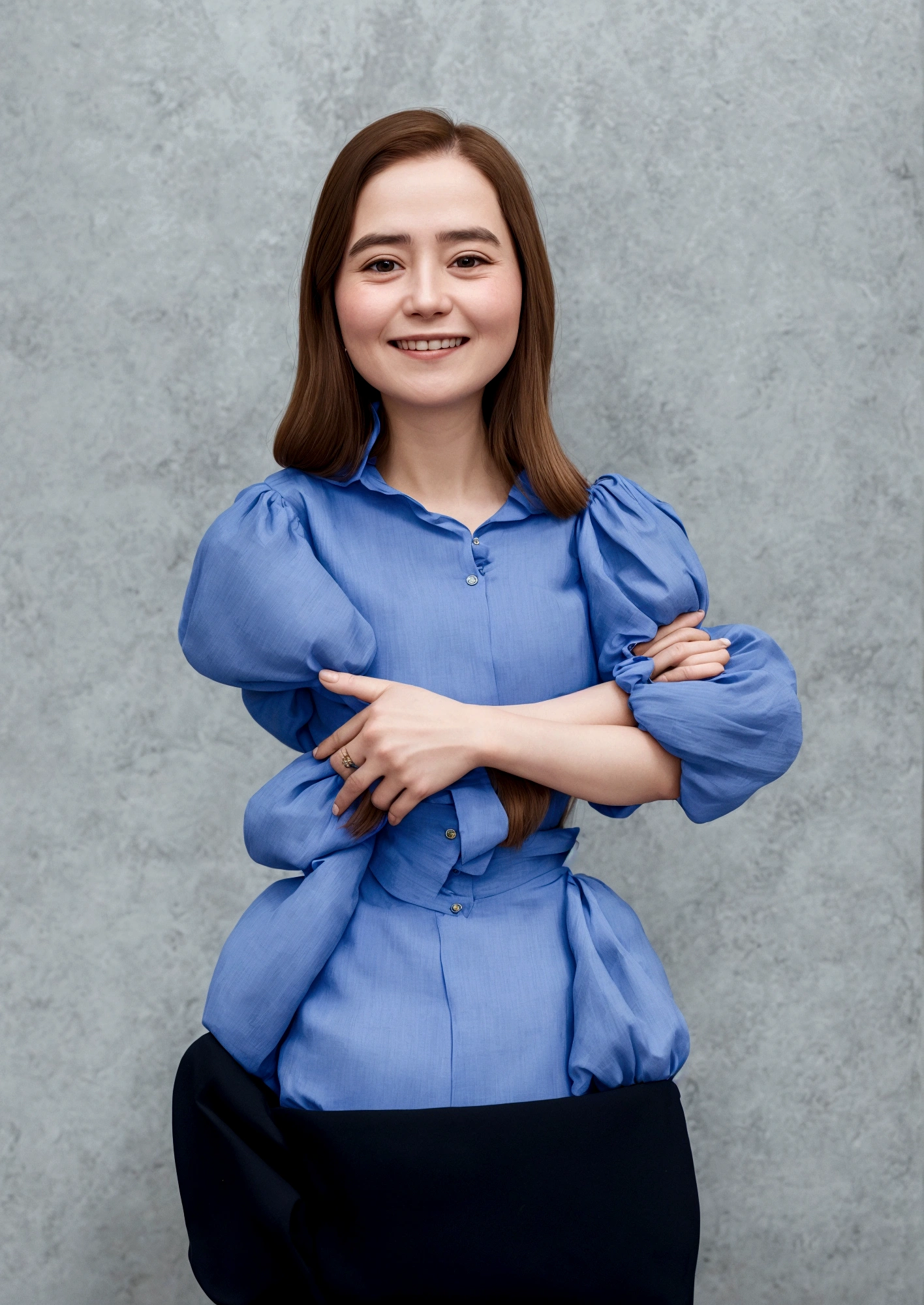 Woman, with shoulder length hair, Grinning, small eyes, wearing a blue blouse