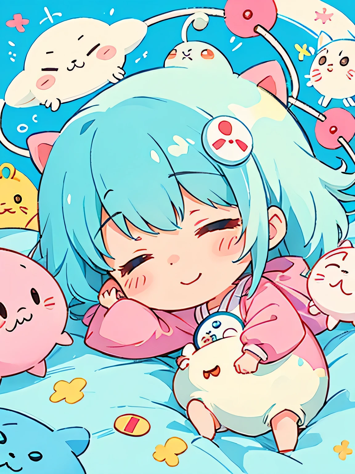 Hayao Miyazaki style、Kawaii Design, The most beautiful girl of all time、chibi, Cute and colorful amoeba, sleeping, best smile, hospital bed