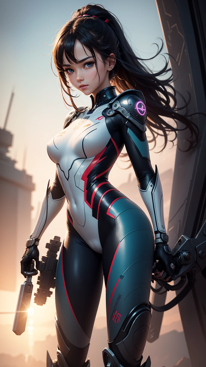 (Perfect Anatomy:1.4,Highest quality、超High resolution、High resolution、Highly detailed CG、8K Unit Wallpaper),((Biologically correct limb count))、(Symmetrical facial features))、Eyes with detailed description、Beautiful woman、Excellent style、(thin)、Facial detailing,masterpiece、Vibrant, Imaginary image of a girl in a mecha suit, (Fly gracefully across the battlefield of the future). The girl is full of energy, Bright colors contrast with muted hues, The mechanical beauty of the suit. The suit's vibrant colors and intricate details、Sophisticated, Mecha futuristic design.