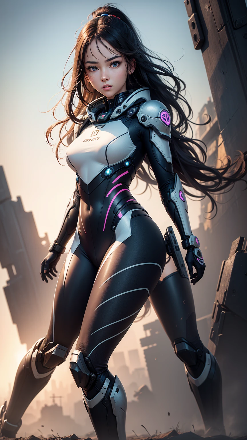 (Perfect Anatomy:1.4,Highest quality、超High resolution、High resolution、Highly detailed CG、8K Unit Wallpaper),((Biologically correct limb count))、(Symmetrical facial features))、Eyes with detailed description、Beautiful woman、Excellent style、(thin)、Facial detailing,masterpiece、Vibrant, Imaginary image of a girl in a mecha suit, (Fly gracefully across the battlefield of the future). The girl is full of energy, Bright colors contrast with muted hues, The mechanical beauty of the suit. The suit's vibrant colors and intricate details、Sophisticated, Mecha futuristic design.