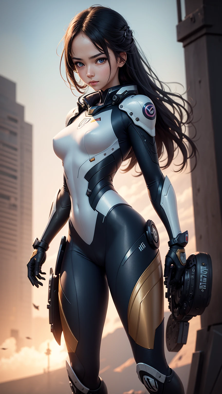 (Perfect Anatomy:1.4,Highest quality、超High resolution、High resolution、Highly detailed CG、8K Unit Wallpaper),((Biologically correct limb count))、(Symmetrical facial features))、Eyes with detailed description、Beautiful woman、Excellent style、(thin)、Facial detailing,masterpiece、Vibrant, Imaginary image of a girl in a mecha suit, (Fly gracefully across the battlefield of the future). The girl is full of energy, Bright colors contrast with muted hues, The mechanical beauty of the suit. The suit's vibrant colors and intricate details、Sophisticated, Mecha futuristic design.