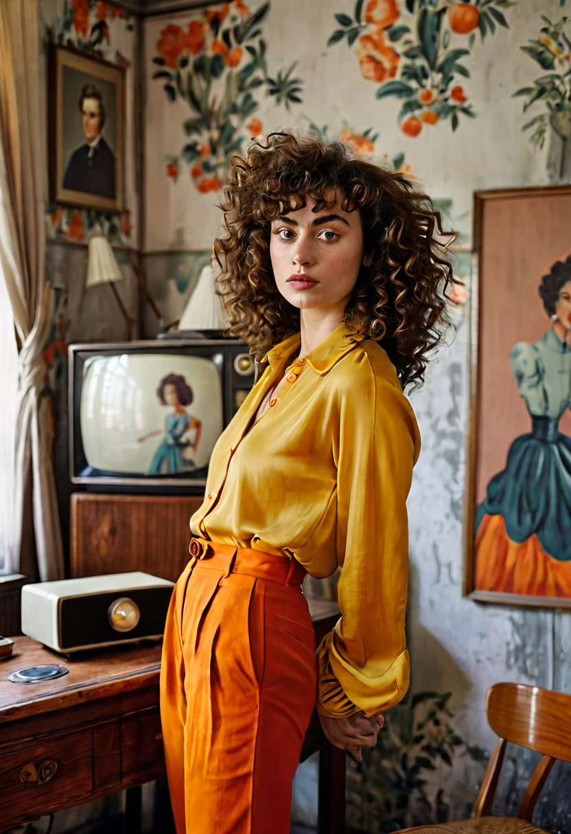 A woman with voluminous curly hair is the central figure. She is standing in a room that exudes a vintage aesthetic. The room is adorned with a wooden desk and a television set, both of which are positioned against a wall. The woman is dressed in a vibrant yellow top and orange pants, which contrast with the room's muted tones. Her pose suggests a sense of confidence and poise. The overall composition of the image, with its careful attention to detail and color, creates a vis