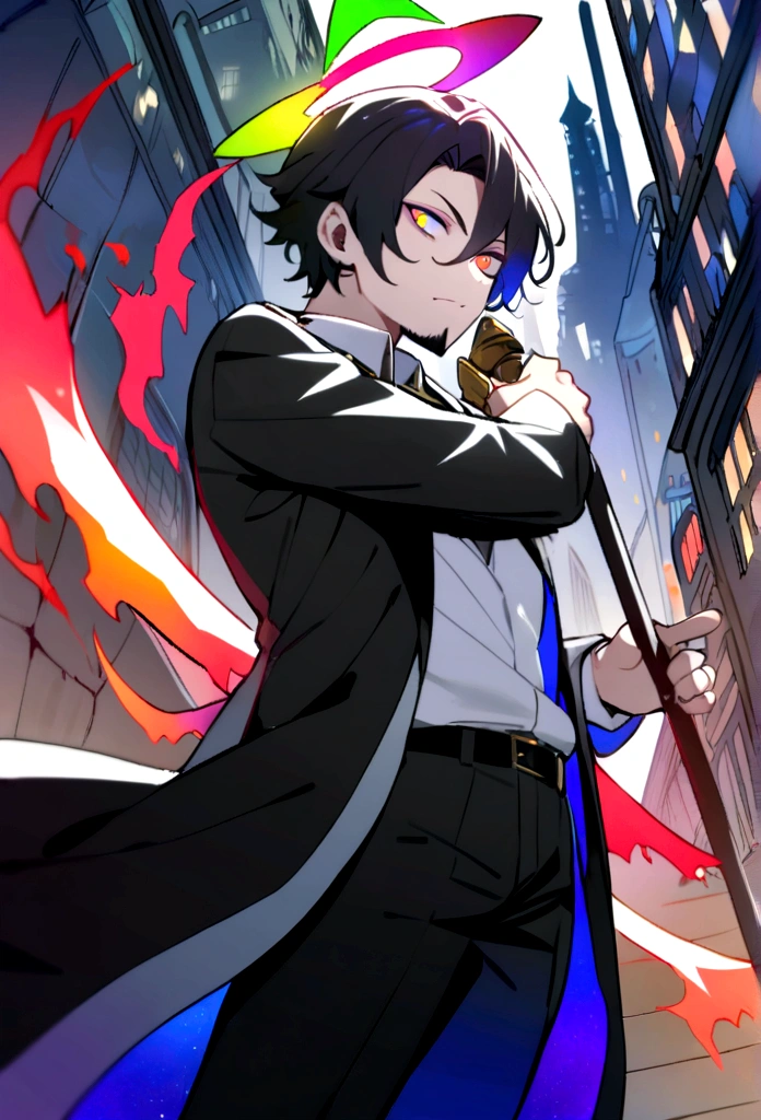 1boy, dark short hair, different color eyes, one demonic eye and one angelic eye, halo, one side horn, a task pointy tooth, 7 color spirits fly around the character, wears simple white shirt and simple black pants, wears a dark overcoat, holding a bo staff, 27-35 years old, facial hair, 8k, masterpiece, ultrasharp, high res, apocaliptic city,
