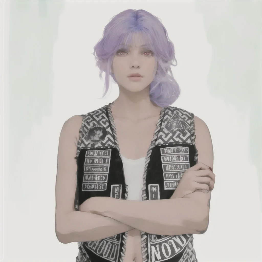 (masterpiece:1.2, best quality), (1girl, solo, upper body:1.2),flat face,Hair: buzz cut, Clothing: oversized, distressed denim jacket with patches and pins, paired with black skinny jeans and combat boots, Hanging out in an underground music venue or street art exhibit