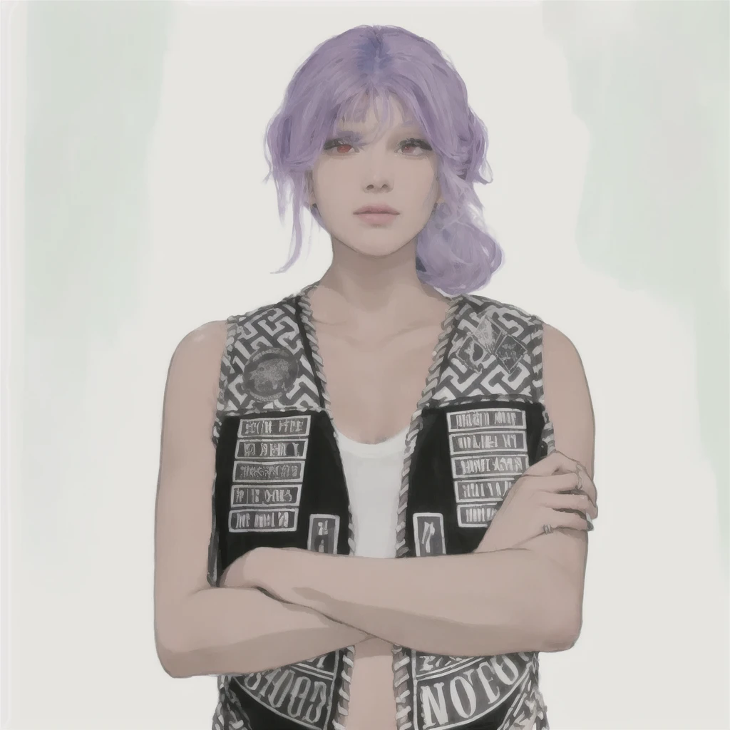 (masterpiece:1.2, best quality), (1girl, solo, upper body:1.2),flat face,Hair: buzz cut, Clothing: oversized, distressed denim jacket with patches and pins, paired with black skinny jeans and combat boots, Hanging out in an underground music venue or street art exhibit