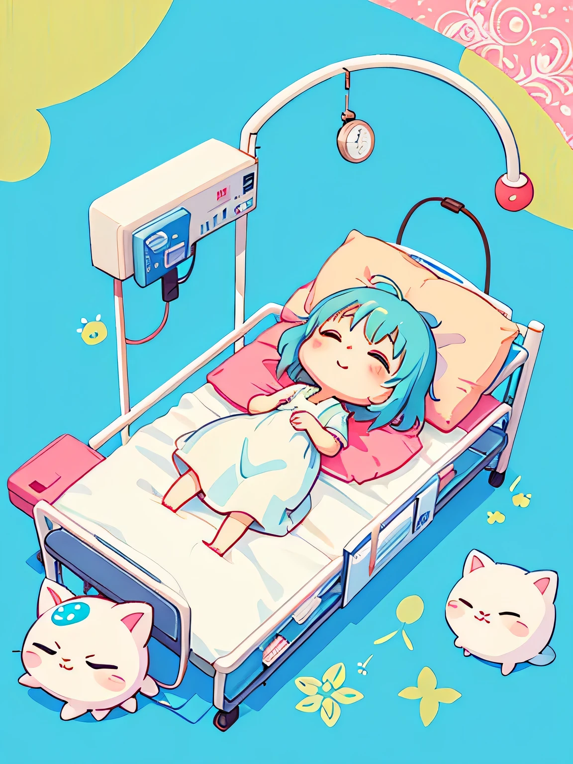 Hayao Miyazaki style、Kawaii Design, The most beautiful girl of all time、chibi, Cute and colorful amoeba, sleeping, best smile, hospital bed